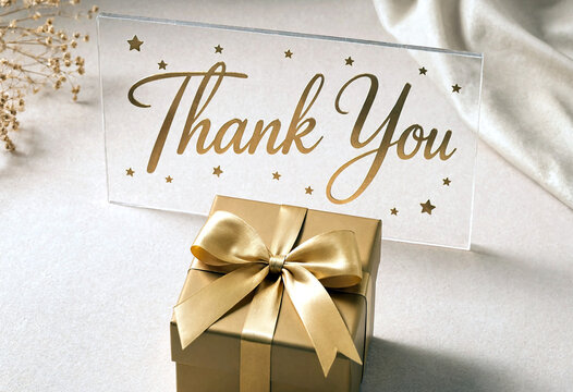 Elegant gold gift box with thank you card and decorative stars on soft background