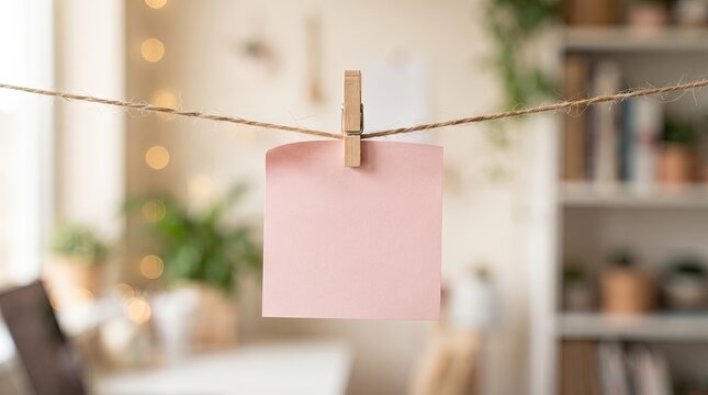 Blank pink memo paper hanging with wooden clothespin on rope. Blank pink memo paper hanging with wooden clothespin on rope. Blank pink memo paper hanging with wooden clothespin on rope.