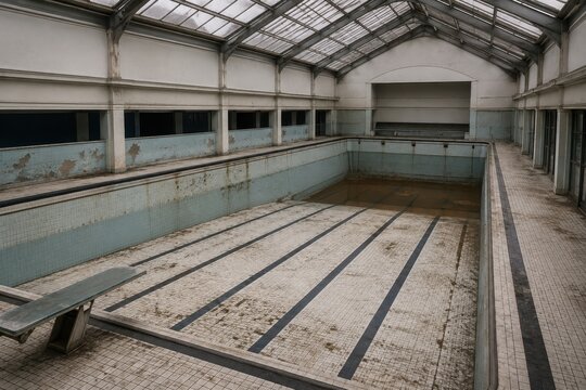 Drained public swimming pool with a stained empty basin under a glazed roof