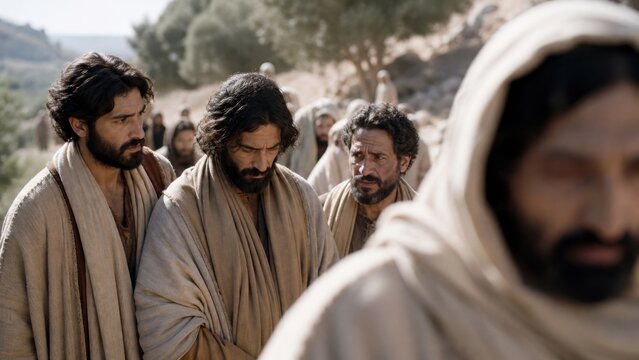 Disciples of Jesus lost among crowd following him on road to crucifixion. Biblical sorrow and faithful witness scene from Gospel of Luke for Easter and Good Friday devotion