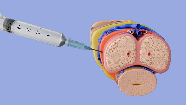 A 3d medical syringe inserting into the cross-sectional anatomical structure of male erectile tissue. A representation of intracavernosal injection therapy and medical erectile dysfunction treatment.