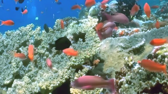 Colorful anthias and parrotfish glide gracefully through a bustling coral reef. This vibrant underwater world, illuminated by sunlight, teems with diverse marine life in the clear blue ocean.