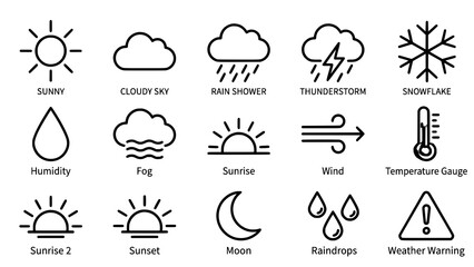 Obraz premium Black line icons representing various weather conditions and atmospheric elements