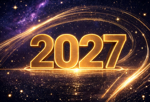 Futuristic golden glowing number 2027 with light trails and stars in cosmic space setting