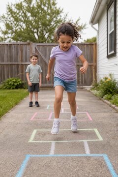 Children playing hopscotch on a painted sidewalk in a yard