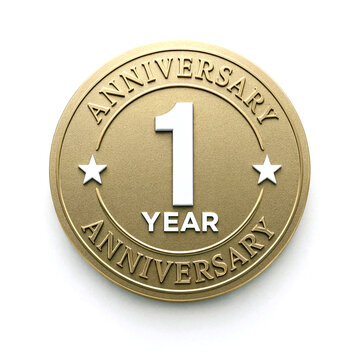 Golden one year anniversary badge with stars and embossed text isolated design