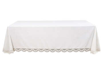 Pristine white rectangular tablecloth with delicate lace trim along the bottom edge, draped over a...