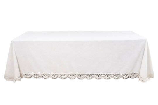 Pristine white rectangular tablecloth with delicate lace trim along the bottom edge, draped over a table on a clean white background