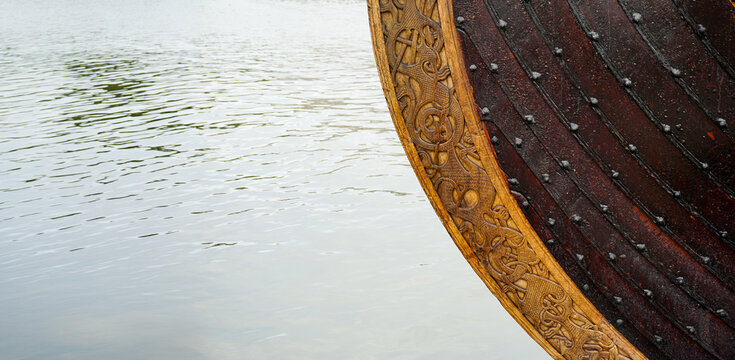 T&oslash;nsberg, Norway Viking ship bow showing historical wood carving details