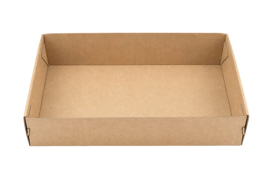 Empty brown corrugated cardboard box tray with a wide opening, viewed from an elevated perspective on a white background