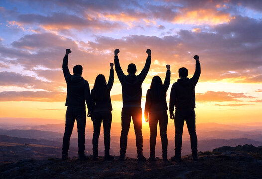 Group of friends standing on a mountain top celebrating success at sunrise with raised fists together