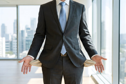 Business professional in suit demonstrating financial difficulty with empty pockets indoors