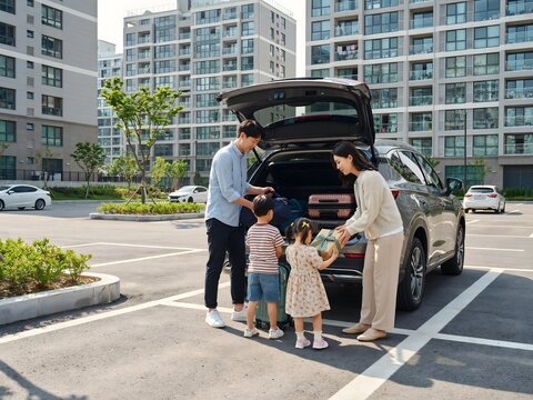 추석 아파트 주차장에서 여행 짐을 싣는 가족