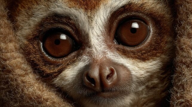 Close-up of a slow loris's face: big brown eyes, furry face, and distinctive markings. Its adorable expression is prominent