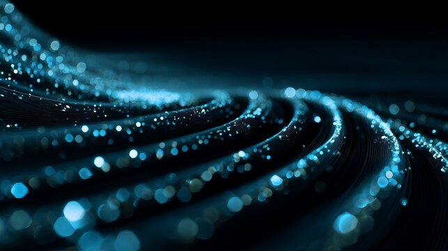 Flowing blue data points forming an elegant wave spiral, futuristic AI and big data visualization with smooth glowing particle paths.