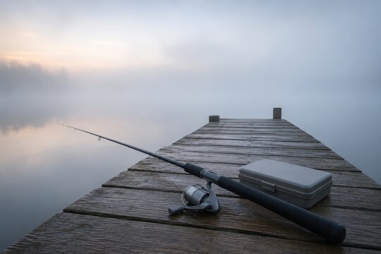 Fishing rod resting on a wooden jetty at misty dawn