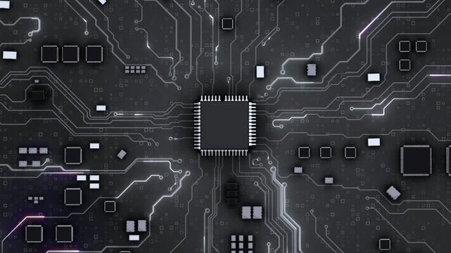 Futuristic computer processor surrounded by illuminated circuitry and digital data flow.