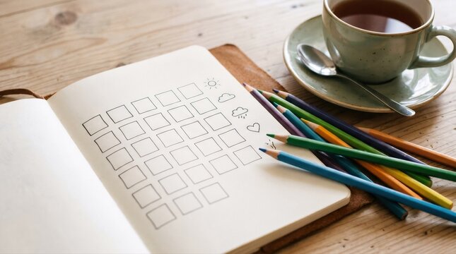 Open journal with mood tracker, colored pencils, and tea representing mindful self care, emotional wellness, daily reflection, creative therapy, and mental health management