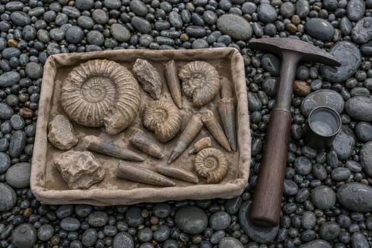 Fossil hunting finds and a geology hammer on a pebble beach