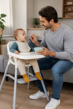 Caring father feeding happy baby with spoon in cozy home setting