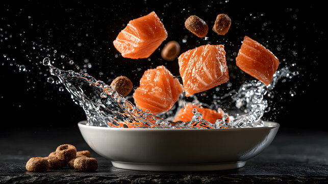 Extreme Macro Photography of Premium Pet Food Kibbles and Fresh Raw Salmon Cubes with Dynamic Water Splash