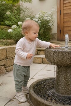 Toddler exploring water fountain in a garden setting