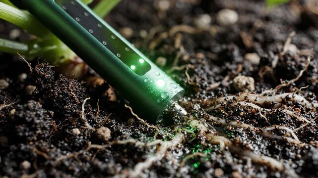 Smart soil sensor probe measuring moisture and nutrients near plant roots, agriculture technology