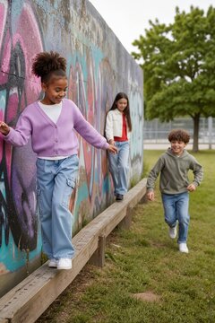 Children playing joyfully near colorful graffiti wall