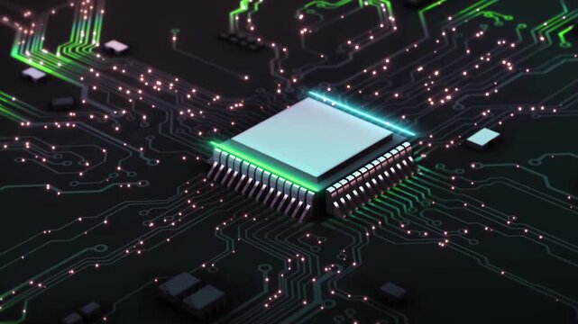 Close-up animated CPU processor featuring glowing circuits and sophisticated chip architecture.