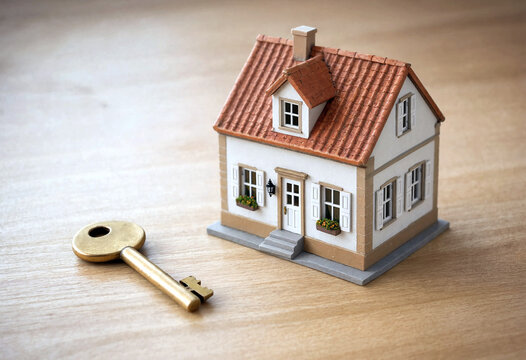 Miniature model house with a red roof and white walls next to a golden key on table