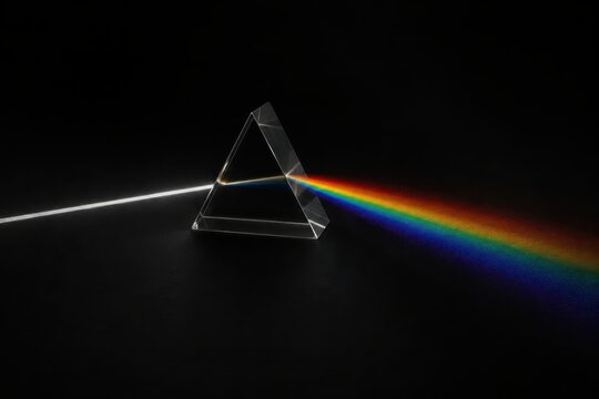 Glass prism splitting white light into a rainbow spectrum on black