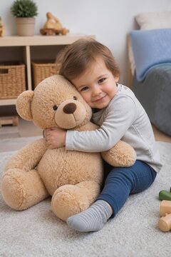 Toddler joyfully hugging a large teddy bear in a cozy room