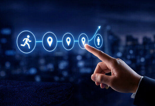 Modern digital interface showing location tracking and user navigation with finger touch concept