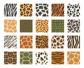 Naklejka premium Animal print set featuring zebra leopard cow tiger dalmatian giraffe viper cheetah crocodile jaguar python turtle stripes spots ornament texture