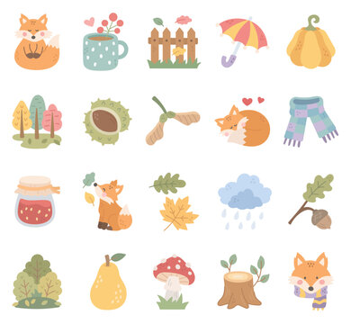 Autumn set featuring fox mug fence umbrella pumpkin tree chestnut samara scarf jam jar leaf cloud acorn bush pear stump