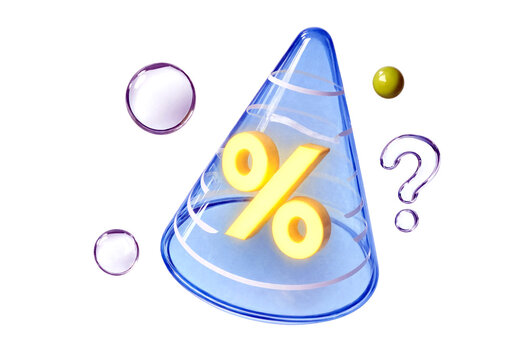 Modern transparent funnel with glowing percentage sign and question mark bubbles isolated illustration