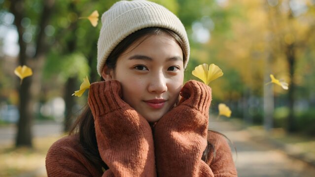 가을 공원에서 양손으로 볼을 감싼 젊은 여성