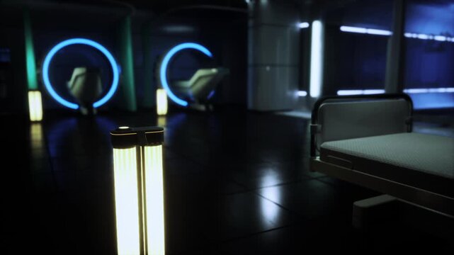 Neon lit diagnostic corridor with circular scanner, ambient lamp casting reflections on glossy floor, solitary exam bed awaiting procedure, moody blue lighting,
