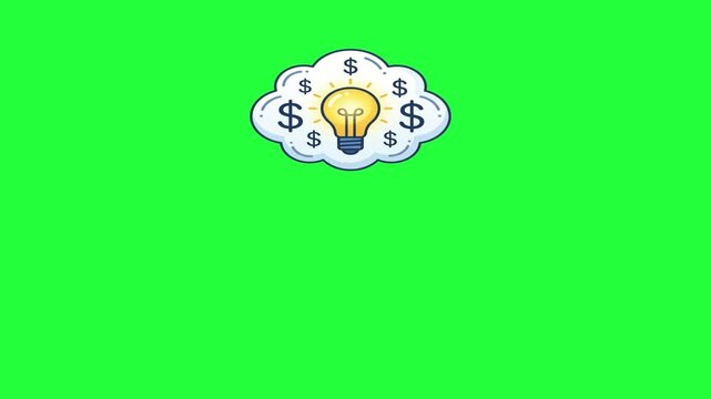 Glowing lightbulb idea within a cloud surrounded by dollar signs money
