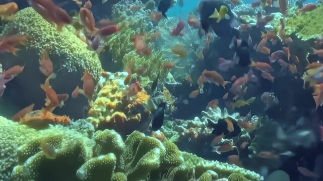 A mesmerizing oceanic tableau reveals countless vibrant orange fish darting among a rich tapestry of green and brown corals.