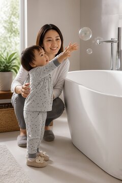 Toddler reaching for bubbles while mom watches in a bathroom