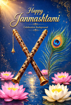 Vibrant janmashtami celebration background with flute lotus flowers and peacock feather design elements