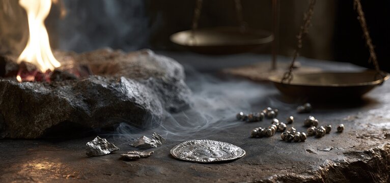 Ancient silver coin fragments lie beside a glowing furnace, rustic scales, and beads on a smoky medieval table.