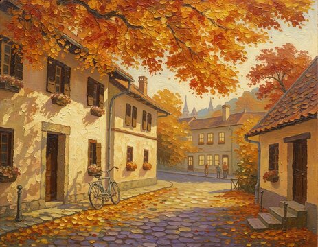 old street in autumn in a watercolor art design, like a painting