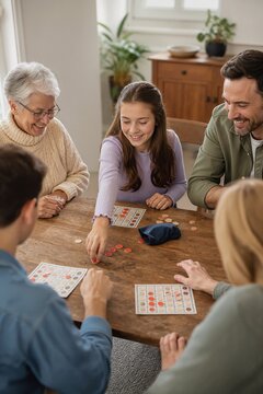 Girl joyfully playing bingo with family around a wooden table