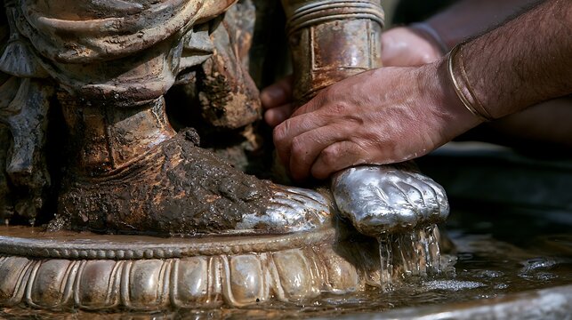 584. A psychological metaphor for Deep Forgiveness. A person gently washing the rusted, mud-stained feet of an old enemy statue with warm, clear water, revealing clean silver beneath the dirt. 