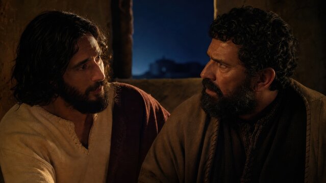 Jesus speaking closely with apostle Peter at night. Intense biblical dialogue about faith and temptation before trial. Prayer and prophecy concept for religious teaching illustration