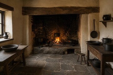 Naklejka premium Stone cottage kitchen with a deep inglenook fireplace