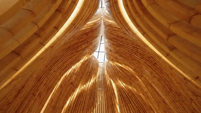 Architectural wooden vault ceiling with curved timber beams and warm interior lighting, perfect for modern interior design and structural concepts