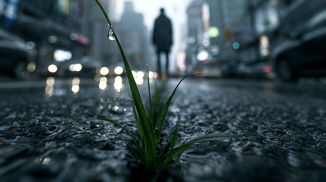 579. A conceptual psychological illustration of Radical Presence. A person standing in the middle of a bustling, fast-paced city intersection, staring intently at a single dewdrop on a blade 